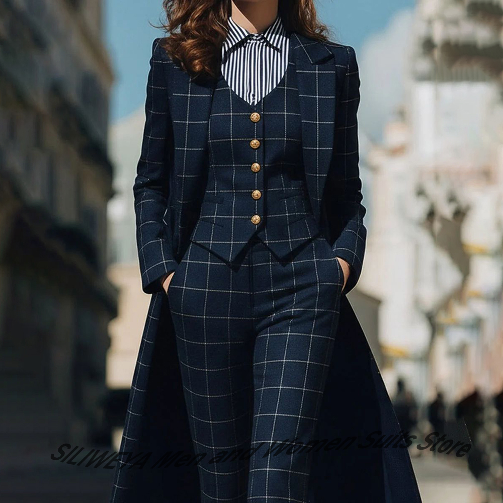 Women Formal Wear Pants - Sophisticated Navy Blue Women's Plaid Blazers