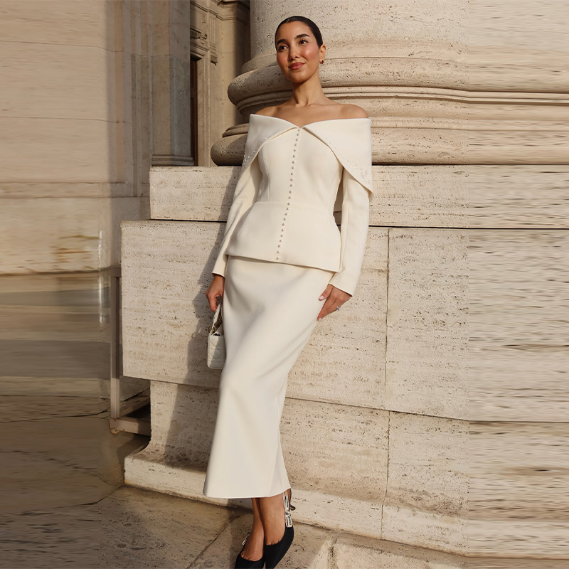 Women Formal Wear Office - Elegant French White Peplum Two Piece