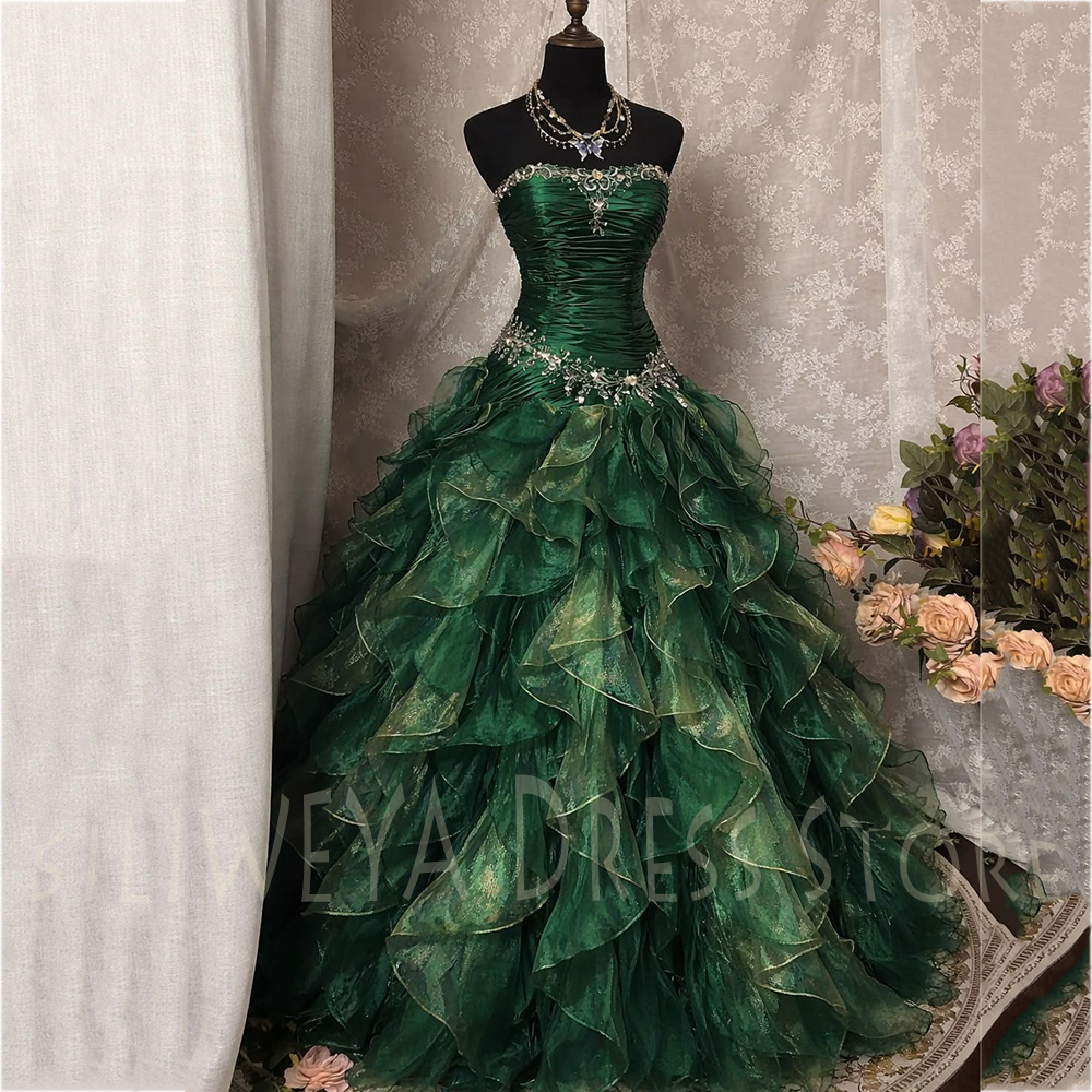 Women Formal Event Wear - Green Strapless Ball Gown Evening Dress